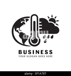 Klimamonitoring-Logo mit einem Globus, einem Thermometer und Regenwolken für Wetter- und Klimawandelberichterstattung. Stock Vektor