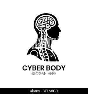 Cyber Body-Logo mit einer menschlichen Seitenprofil-Silhouette und einem Gehirnschaltkreis-Muster für Neurowissenschaften und Technologiemarken. Stock Vektor
