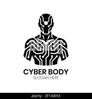 Cyber Body-Logo mit einer futuristischen humanoiden Cyborg-Silhouette und kunstvollen Schaltkreislinien für Technologie- und Robotik-Branding-Projekte. Stock Vektor
