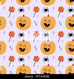 Halloween-Nähtuchmuster mit süßer Kürbislaterne, Lollipop und Spinne, grusliger Feiertags-Vektorhintergrund auf Raster für Stoff Stock Vektor