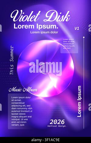 Designvorlage für einen Cyberpunk-Club-Event-Flyer, ästhetische Y2K-lila leuchtende CD-Disketten-Vektorillustration für Technokonzerte. Stock Vektor