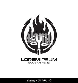 Grill House Logo mit einer Grillgabel mit Flammen, präsentiert in einem kräftigen, professionellen und modernen minimalistischen Stil für kulinarische Markenbildung. Stock Vektor
