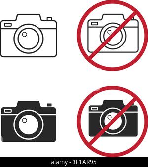 Linien- und solide Kamerasymbole neben roten Warnsymbolen gegen Fotografie. Perfekt für abgesperrte Bereiche, Schilder, Regeln und Anleitungsführer. Stock Vektor