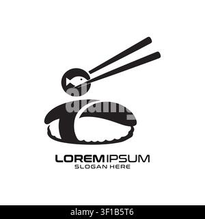 Das Sushi-Bar-Logo zeigt einen Fisch auf einer Sushirolle mit Essstäbchen und betont authentische japanische kulinarische Traditionen. Stock Vektor