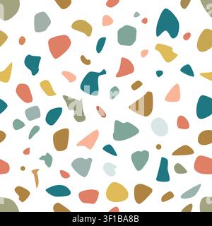 Abstrakte nahtlose Terrazzomuster-Textur mit bunten geometrischen Stein Fragmenten in erdigen Pastelltönen auf weißem Hintergrund. Stock Vektor