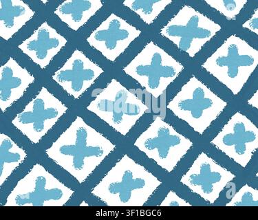 Handgemaltes blaues diagonales Gittermuster mit hellblauen Kreuzakzenten in einem texturierten Grunge-Stil, ideal für Textilien, Wohnkultur und Oberflächendesign. Stockfoto