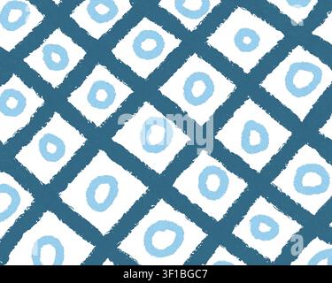 Handgemaltes blaues diagonales Gittermuster mit hellblauen offenen Ringakzenten in einem texturierten Grunge-Stil, Teil eines koordinierten geometrischen Musters. Stockfoto