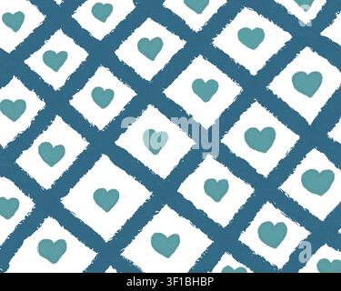 Handgemaltes marineblaues diagonales Gittermuster mit türkisfarbenen Herzakzenten in einem strukturierten Grunge-Stil, Teil einer koordinierten geometrischen Musterkollektion. Stockfoto