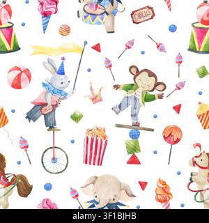 Handgezeichnetes Wasserfarben-Muster ohne Naht mit lustigen Zirkustieren, die Tricks vorführen. Perfekt für Kinderbekleidung, Tapeten für Kinderzimmer, Textildrucke Stockfoto