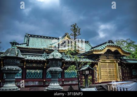 Das kunstvolle goldene Karamon-Tor und die traditionellen Bronzelaternen des historischen Ueno Toshogu-Schreins stehen unter einem dramatischen Himmel in Tokio, Japan. Stockfoto