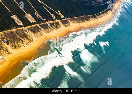 Top-Down-Luftaufnahme einer schönen Sandstrandküste mit kräftigen Meereswellen, deren weißer Schaum am Ufer in der Nähe eines grünen Waldes in Portugal anrollt Stockfoto