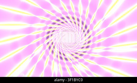 Ein Spiralmuster zeigt helle rosa und gelbe Linien, die im Zentrum zusammenlaufen. Das Design ist kräftig und lebendig, was es ideal für Hintergründe oder Cr Stockfoto