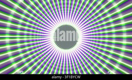 Das Bild zeigt ein kreisförmiges Muster mit strahlenden Linien in Schattierungen von Lila und Grün. Das Design erzeugt einen kräftigen und lebendigen geometrischen Effekt. Stockfoto
