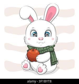Süßes Cartoon-Weißes Kaninchen mit rotem Apfel und grünem Schal. Vektorillustration eines Tieres auf beigem Hintergrund. Stock Vektor