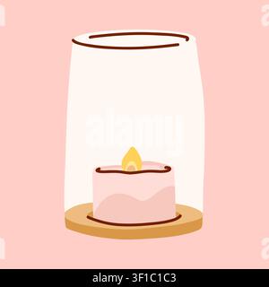 Minimale brennende Kerze unter einer Glasglocke, gemütliche Wohnraumdeko-Illustration mit warmem Kerzenlicht für Herbstinterieur, skandinavisches Wohnen, Hygge Stock Vektor