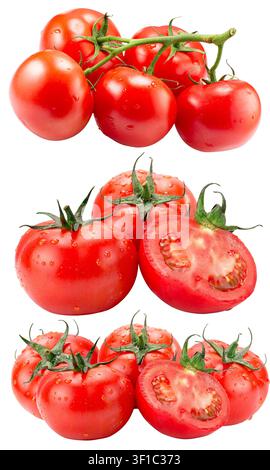 Eine Sammlung von reifen roten Tomaten ganz und in Scheiben auf weißem Hintergrund. Stockfoto