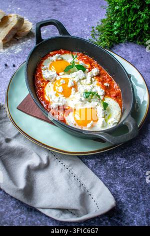 Traditionelle Shakshuka mit gebackenen Eiern, serviert in einer Gusseisenpfanne Stockfoto