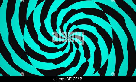 Das Bild zeigt ein Spiralmuster, das mit abwechselnden türkisfarbenen und schwarzen Formen geschaffen wurde. Das Design zieht das Auge nach innen und erzeugt einen auffälligen visuellen Effekt Stockfoto