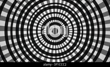Dieses Kunstwerk zeigt eine Reihe von konzentrischen Kreisen in Schwarz und Weiß. Das Muster erzeugt einen hypnotischen Effekt mit abwechselnden Formen und Schattierungen, sui Stockfoto