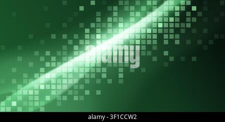 Abstrakter digitaler Hintergrund mit leuchtendem grünem Lichtstreifen und subtilem quadratischem Fliesenmuster-Overlay. Stock Vektor