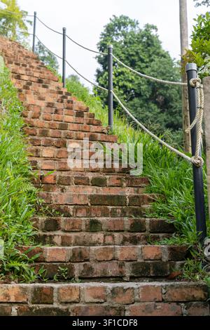 Eine verwitterte Ziegeltreppe windet sich bergauf durch üppige grüne Vegetation, begrenzt von Seilgeländern und schwarzen Metallpfosten Stockfoto