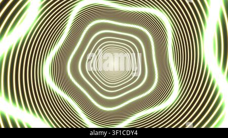 Dieses Kunstwerk zeigt ein Spiralmuster, das mit abwechselnd dunklen und hellen Linien erstellt wurde, die sich zur Mitte hin treffen. Der Leuchteffekt verstärkt die Stockfoto