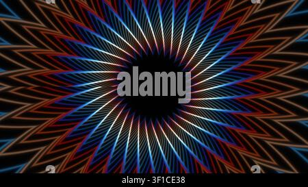 Ein lebhaftes geometrisches Spiralmuster zeigt abwechselnd blaue und rote Linien, die von einem dunklen Zentrum nach außen strahlen und Tiefe und Faszination erzeugen. Das Design Stockfoto