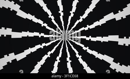 Dieses statische Design zeigt eine Reihe von schwarzen und weißen Linien, die vom Zentrum ausstrahlen und ein auffälliges geometrisches Muster erzeugen. Ein kühnes Visuelles für Vari Stockfoto
