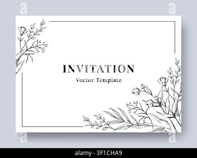 Blumige Einladungskarte. Minimaler schwarzer botanischer Rahmen mit Kopffreiheit, elegantes Briefpapier-Vorlage für formelle Veranstaltungen und Ankündigungen. Hintergrußdesign. Vektorisolierte einfache Illustration Stock Vektor
