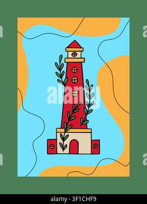 Rotes Leuchtturm-Poster. Minimales Küsten-Navigationslandmarke mit Fenstern und Pflanzen auf abstraktem Hintergrund, maritime Reise. Meeres-Symbol am Strand. Vektor-Cartoon-flache isolierte kindliche Illustration Stock Vektor