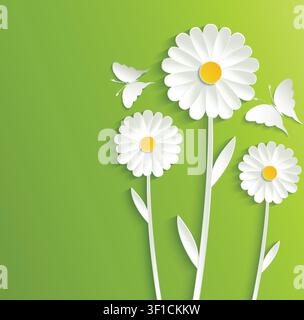 Sommerblumen mit Schmetterlingen auf einem hellgrünen Hintergrund Stock Vektor