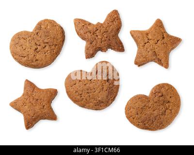 Lebkuchen in Herz-, Stern- und Schmetterlingsformen isoliert auf weißem Hintergrund, Ansicht von oben Stockfoto
