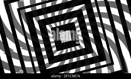 Dieses Design zeigt eine Reihe von schwarz-weißen Quadraten, die in einem spiralförmigen Muster angeordnet sind. Die kontrastierenden Farben erzeugen einen visuell beeindruckenden Effekt, der Stockfoto