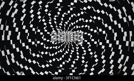 Ein spiralförmiges Muster aus abwechselnd schwarzen und weißen Quadraten, die in einem geometrischen Design angeordnet sind. Der Fokus liegt auf der dynamischen Anordnung und dem Kontrast von c Stockfoto