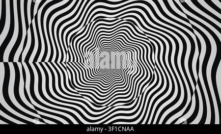 Das Design zeigt eine Reihe von schwarzen und weißen welligen Linien, die ein spiralförmiges Muster bilden. Es erzeugt einen auffälligen visuellen Effekt, der das Auge anzieht Stockfoto