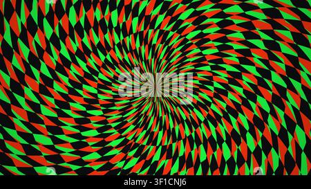 Dieses Kunstwerk zeigt ein lebendiges Spiralmuster mit abwechselnden Farben von Grün, Rot und Schwarz. Das geometrische Design erzeugt einen dynamischen visuellen Effekt Stockfoto