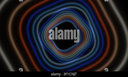 Eine Reihe von farbenfrohen Linien, die ein quadratisches Muster auf einem dunklen Hintergrund bilden. Die Linien haben unterschiedliche Farben und überlappen sich, um einen einzigartigen visuellen Effekt zu erzeugen. Stockfoto