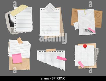 Papiernotiz. Alte Notizbuch-Kollage-Postkomposition, zerreiß und klippe Vintage-Brief. Scrapbook-Zeitungsschnittrahmen. Realistische Schreibwaren-Elemente zur Organisation von Informationen und Nachrichten. Vektorhintergrund Stock Vektor