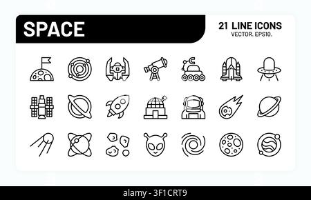 Raumfahrt-Linien-Icons. Rakete Erde Linie Planet und Mond Astronaut Striche. Satellit Astronomie UFO für Galaxie Universum Teleskop, Raumfahrtsymbole für Interface-Design. Vektor minimalistisches isoliertes Set Stock Vektor