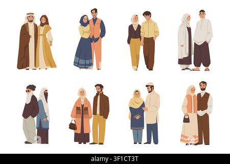 Muslimische Familie. Emirati arabische Menschen, saudi-arabische Frau im Hijab oder arabischer Mann Porträt. Männlicher Ehemann in Hose. Moderne und traditionelle Kleidung. Glückliche Menschen. Vektor-Cartoon-Flachstil isolierte Illustration Stock Vektor