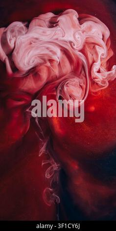 Kunstwolke. Pigmentmischung. Rot-weißer Farbnebel wirbelt in schwarzer Flüssigkeit. Unscharfer Glitzerlockenstrom Aquarelltextur abstrakter farbenfroher Hintergrund. Stockfoto