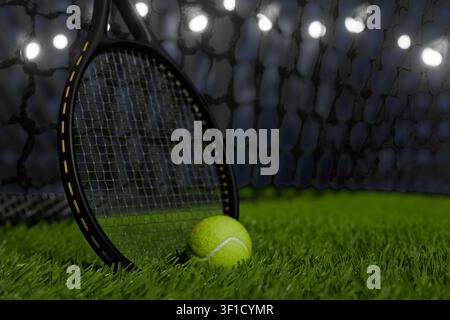 Nahaufnahme eines Tennisschlägers und eines optisch gelben Balls auf dem Platz des Stadionrasens 3D-Rendering Stockfoto