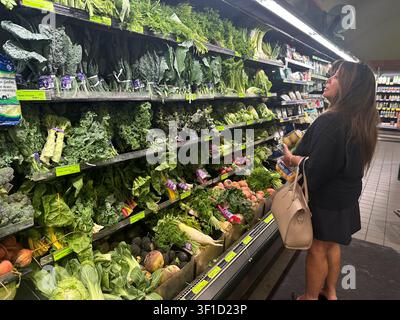 Miami, USA. 12. Juli 2026. Eine Vielzahl frischer Früchte und Gemüsesorten wird in der Obst- und Gemüseabteilung eines Lebensmittelladens in Miami, Florida, zum Verkauf angeboten. Saisonale Produkte bleiben eine beliebte Wahl unter Verbrauchern, die nach frischen Zutaten für alltägliche Mahlzeiten suchen. Foto von (Michele Eve Sandberg/Sipa USA) Credit: Sipa USA/Alamy Live News Stockfoto