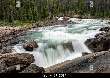Langzeitbelichtung der Lower Sunwapta Falls im Jasper-Nationalpark, Alberta, Kanada. Stockfoto