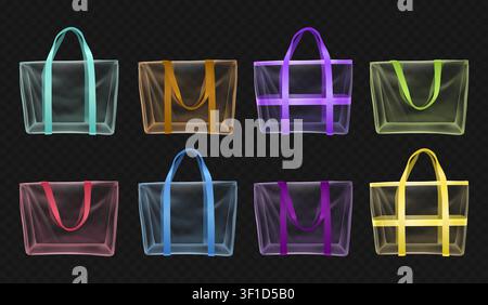 Bunte transparente Tragetaschen mit Neongriffen, realistische klare PVC-Shopper-Mockups für Einzelhandelsverpackungen, Strandreisen, Boutique-Waren und Promotionsdesign. Vektor-Set. Stock Vektor