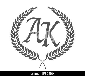 Initialbuchstabe A und K, AK-Monogramm-Logo-Design mit Lorbeerkranz. Luxus-Emblem mit Schreibschrift. Stock Vektor