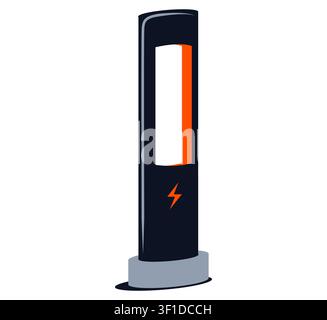 Moderne Ladestation für Elektroautos als Vektor-Symbol. Sauberes minimalistisches Design mit einer schlanken schwarzen Säule, einem hellen Display und orangefarbenem Blitz Stock Vektor