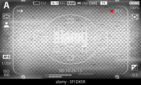 DSLR-spiegellose Kamera Rec-Overlay. Aufnahme-Kamera-Anzeige-Rahmen. Video- oder Fotoaufnahme-Bildschirm. CCTV-Schwarz-Weiß-Glitch-Effekt-Filter. Sucher Stock Vektor