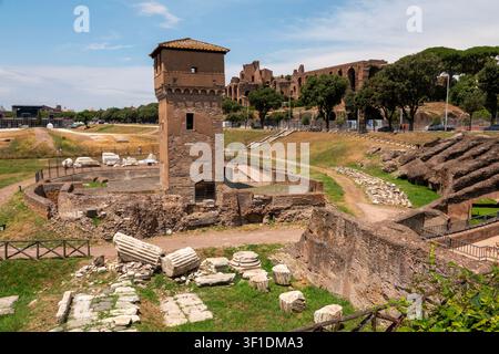 Alte Ruinen des Circus Maximus an einem sonnigen Sommertag. Der Circus Maximus war ein antikes römisches Rennstadion und Massenunterhaltungsort. Stockfoto