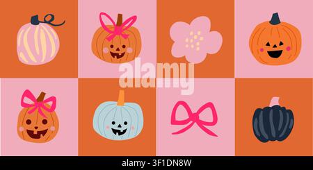 Nahtloses Halloween-Patchwork-Muster mit stilvollen Kürbissen, Jack-o-Laternen-Gesichtern, rosa Schleifen, Blumen und pastellfarbenen Schachbrettquadraten in orange, schwarz, beige und hellblauen Tönen, trendiges mädchenhaftes Wiederholungsdesign für Stoff, Tapete, Geschenkpapier, Scrapbook-Papier, saisonale Dekoration und moderne Herbstprojekte Stock Vektor
